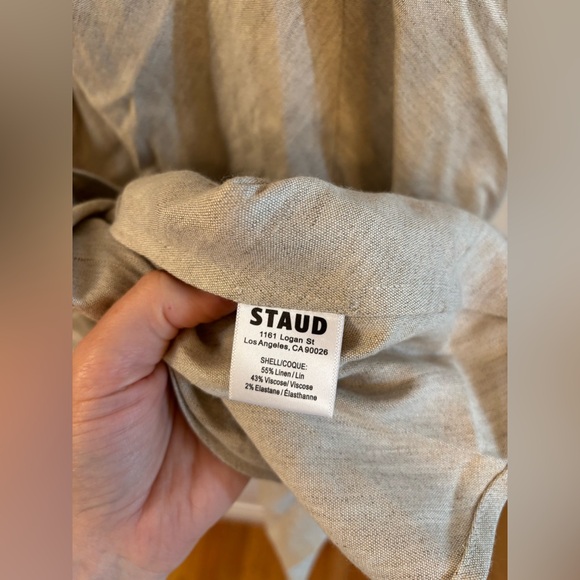 new Staud Amelie draped linen blend midi dress in natural oatmeal heather - Picture 10 of 12